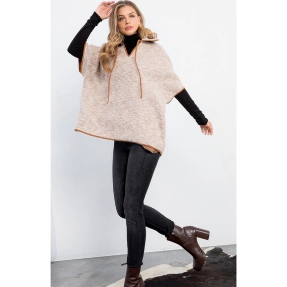 THML Ribbed Poncho Style Sweater Women Size XS/S Tan Boxy Oversized Pullover - Picture 3 of 10